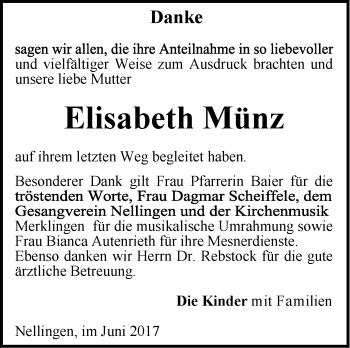 Traueranzeige von Elisabeth Münz von Südwest Presse