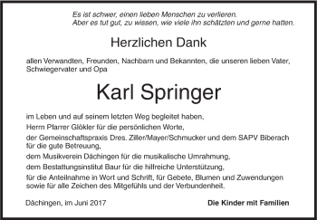 Traueranzeige von Karl Springer von Ehinger Tagblatt