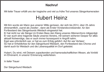 Traueranzeige von Hubert Heinz von Südwest Presse