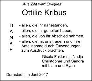 Traueranzeige von Ottilie Kribus von Südwest Presse