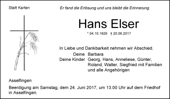 Traueranzeige von Hans Elser von Südwest Presse