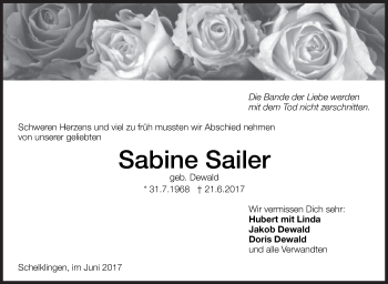 Traueranzeige von Sabine Sailer von Ehinger Tagblatt