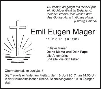 Traueranzeige von Emil Eugen Mager von Ehinger Tagblatt