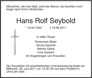 Traueranzeige von Hans Rolf Seybold von Südwest Presse