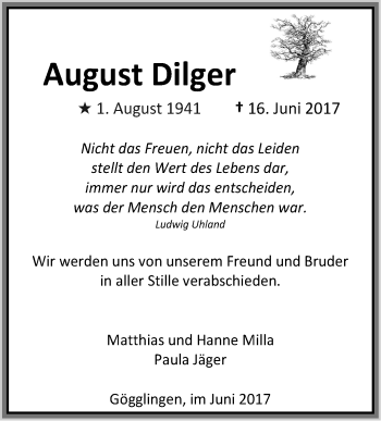 Traueranzeige von August Dilger von Südwest Presse