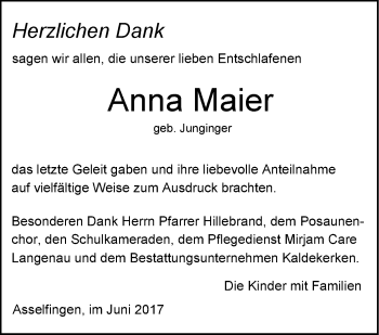 Traueranzeige von Anna Maier von Südwest Presse