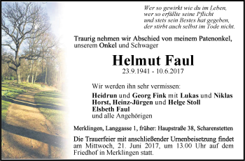 Traueranzeige von Helmut Faul von Südwest Presse