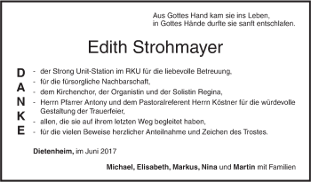 Traueranzeige von Edith Strohmayer von Illertal Bote