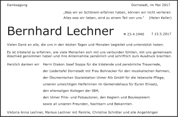 Traueranzeige von Bernhard Lechner von Südwest Presse