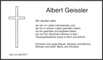 Traueranzeige von Albert Geissler von Südwest Presse