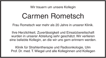 Traueranzeige von Carmen Rometsch von Südwest Presse