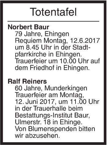 Traueranzeige von Totentafel vom 09.06.2017 von Ehinger Tagblatt