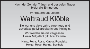 Traueranzeige von Waltraud Klöble von Südwest Presse