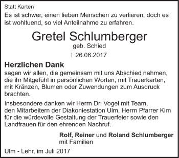 Traueranzeige von Gretel Schlumberger von Südwest Presse