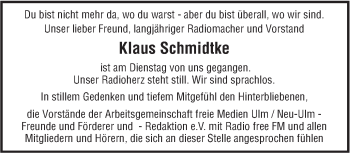 Traueranzeige von Klaus Schmidtke von Südwest Presse