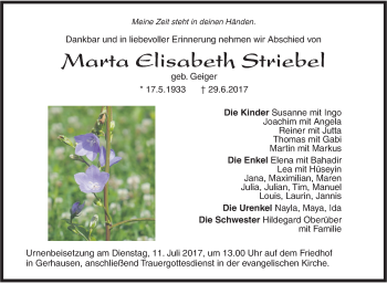 Traueranzeige von Marta Elisabeth Striebel von Südwest Presse