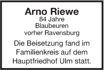 Traueranzeige von Arno Riewe von Südwest Presse