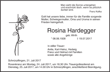 Traueranzeige von Rosina Hardegger von Südwest Presse