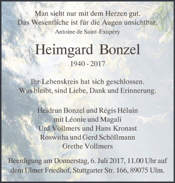 Traueranzeige von Heimgard Bonzel von Südwest Presse