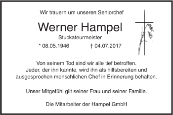 Traueranzeige von Werner Hampel von Südwest Presse