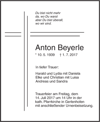 Traueranzeige von Anton Beyerle von Südwest Presse