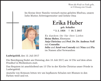 Traueranzeige von Erika Huber von Südwest Presse