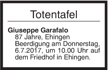 Traueranzeige von Totentafel vom 04.07.2017 von Ehinger Tagblatt