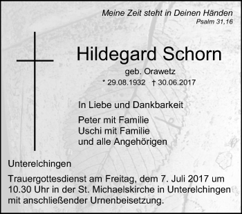 Traueranzeige von Hildegard Schorn von Südwest Presse