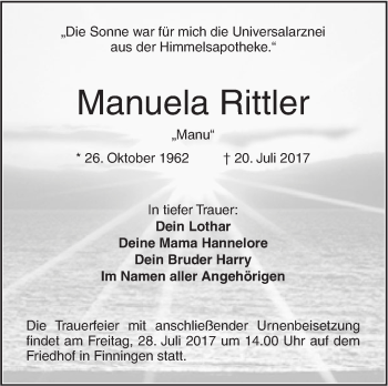 Traueranzeige von Manuela Rittler von Südwest Presse