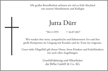 Traueranzeige von Jutta Dürr von Südwest Presse