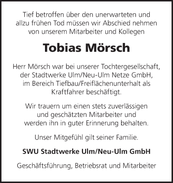 Traueranzeige von Tobias Mörsch von Südwest Presse