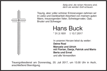 Traueranzeige von Hans Buck von Südwest Presse