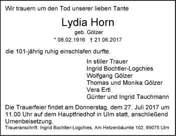 Traueranzeige von Lydia Horn von Südwest Presse