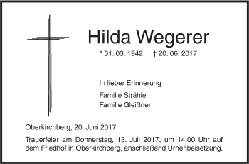 Traueranzeige von Hilda Wegerer von Südwest Presse