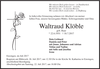 Traueranzeige von Waltraud Klöble von Südwest Presse