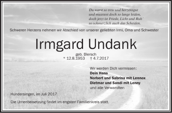 Traueranzeige von Irmgard Undank von Ehinger Tagblatt