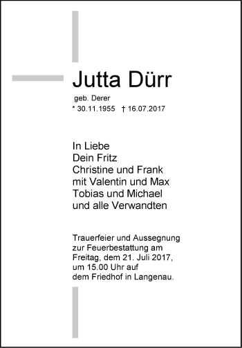 Traueranzeige von Jutta Dürr von Südwest Presse