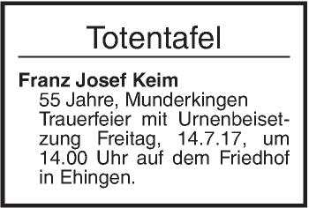 Traueranzeige von Totentafel vom 12.07.2017 von Ehinger Tagblatt