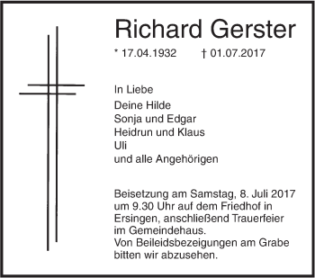 Traueranzeige von Richard Gerster von Südwest Presse