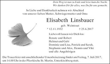 Traueranzeige von Elisabeth Linsbauer von Südwest Presse