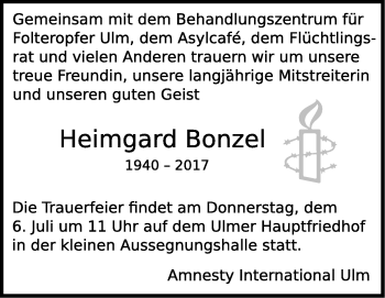 Traueranzeige von Heimgard Bonzel von Südwest Presse