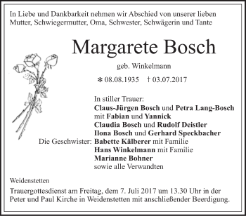 Traueranzeige von Margarete Bosch von Südwest Presse