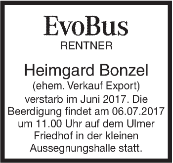 Traueranzeige von Heimgard Bonzel von Südwest Presse