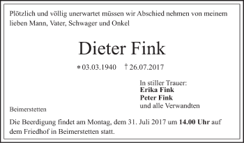 Traueranzeige von Dieter Fink von Südwest Presse