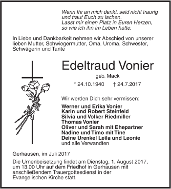 Traueranzeige von Edeltraud Vonier von Südwest Presse