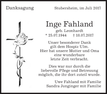 Traueranzeige von Inge Fahland von Südwest Presse