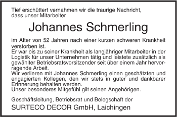 Traueranzeige von Johannes Schmerling von Südwest Presse