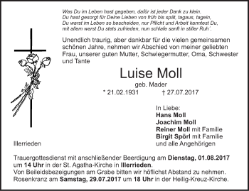 Traueranzeige von Luise Moll von Illertal Bote