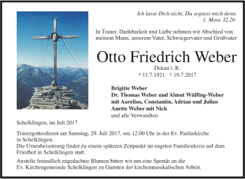 Traueranzeige von Otto Friedrich Weber von Südwest Presse