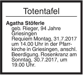 Traueranzeige von Totentafel vom 29.07.2017 von Ehinger Tagblatt